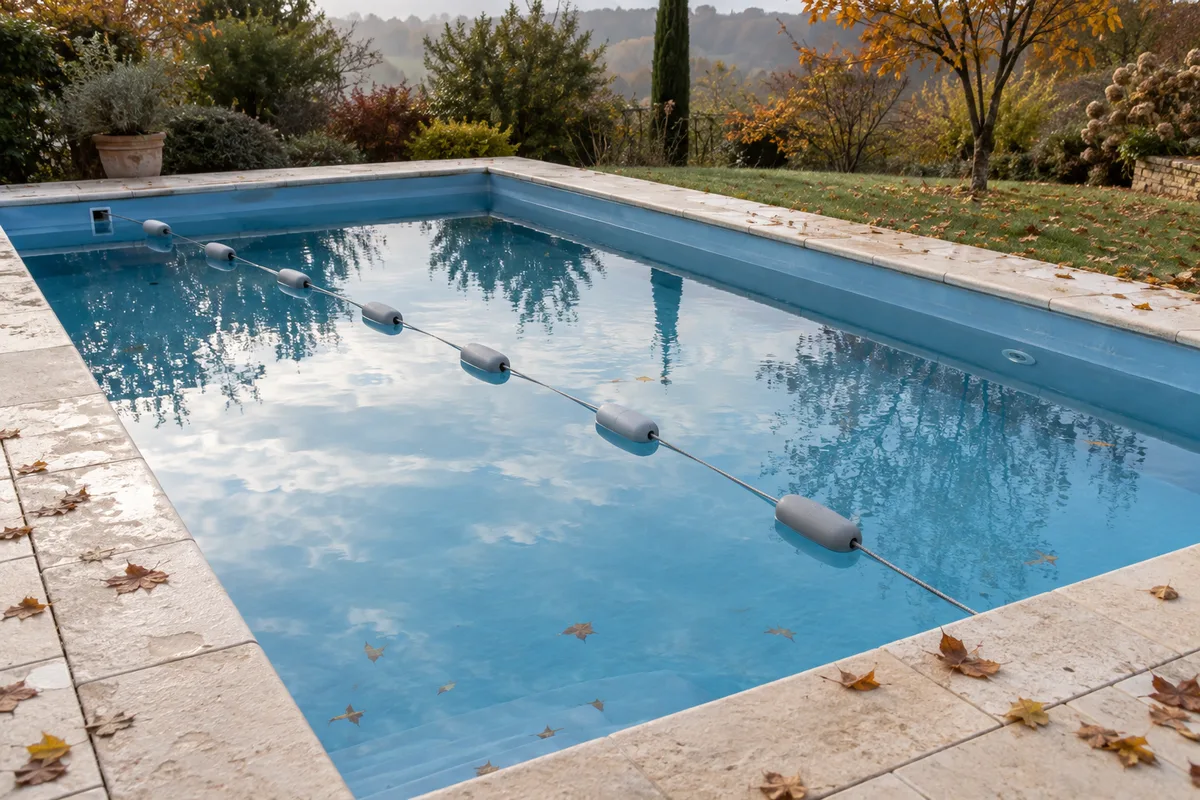 Flotteurs d&rsquo;hivernage alignés en diagonale sur l&rsquo;eau d&rsquo;une piscine enterrée en automne