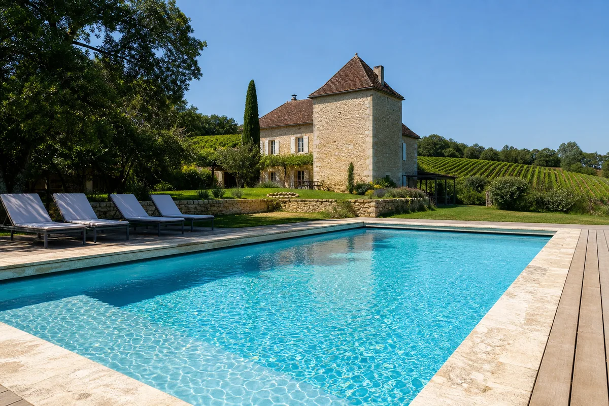 Piscine enterrée dans un jardin du Périgord, maison en pierre et vignoble en arrière-plan