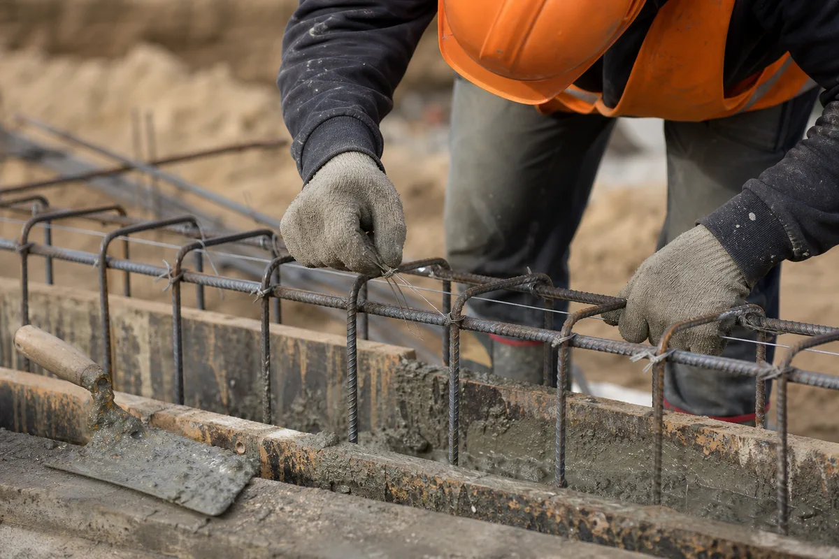 Maçon au travail sur un chantier de construction, coffrage et armatures métalliques