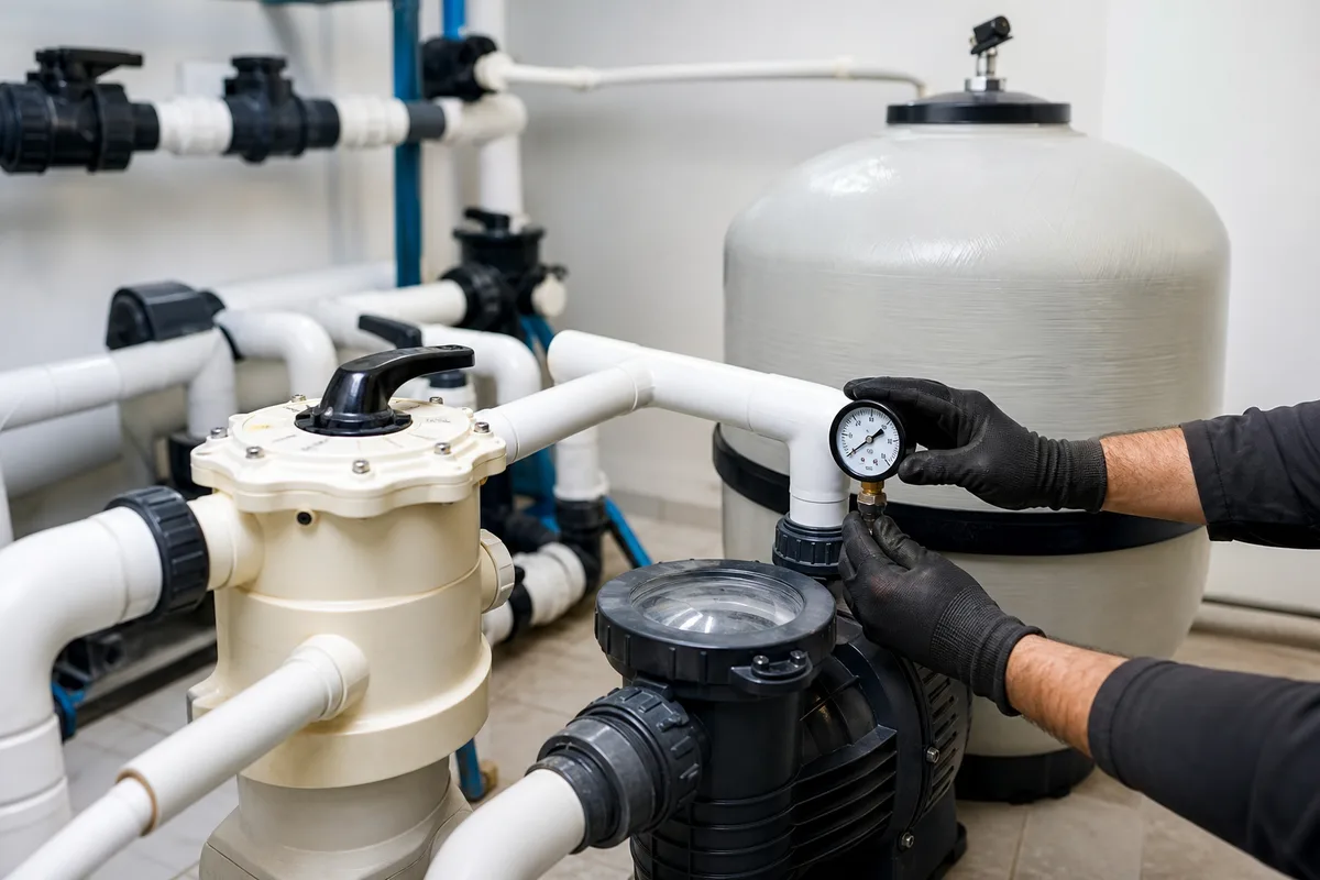 Technicien contrôlant le local technique d’une piscine, pompe et système de filtration