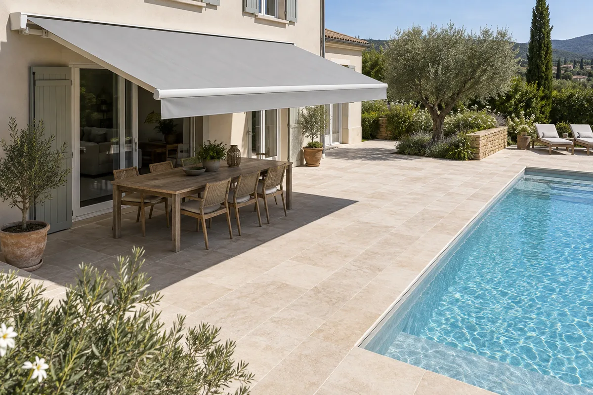 Store banne déployé au-dessus d&rsquo;une terrasse dallée qui mène à un bassin bleu