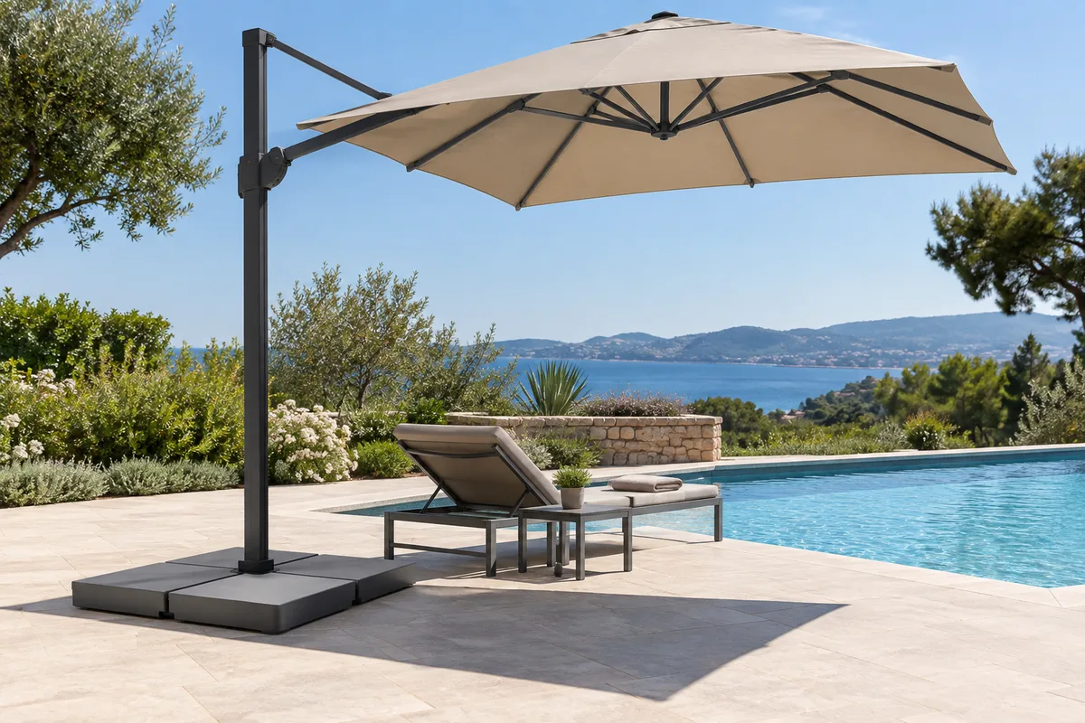 Parasol déporté au pied lesté installé sur une plage de piscine en pierre claire