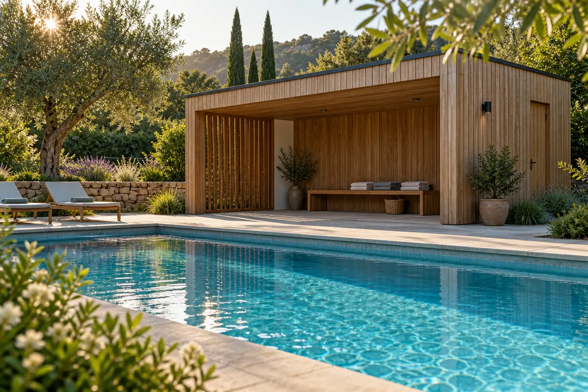 Pool house en bois ouvert sur un bassin, avec une zone d&rsquo;ombre au bord de l&rsquo;eau