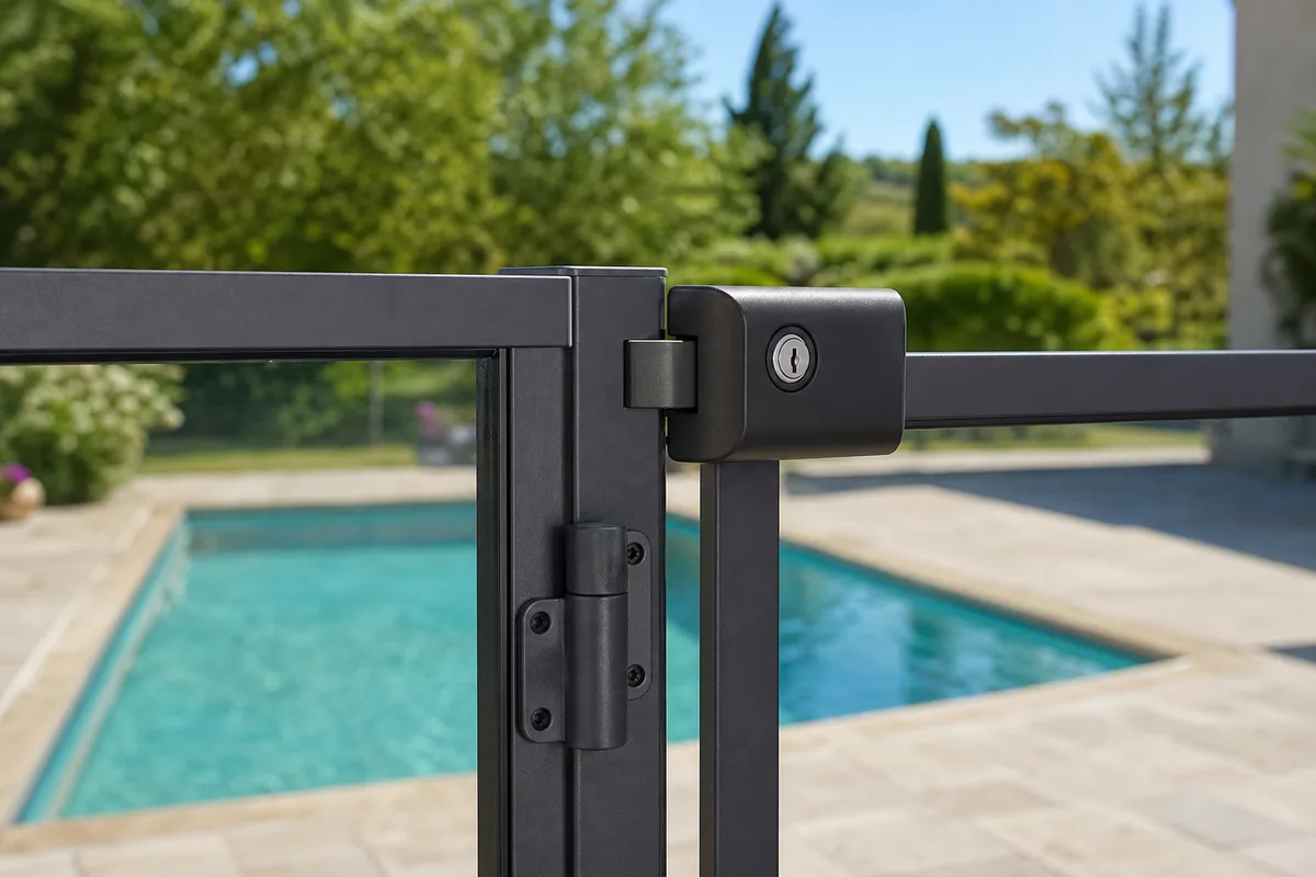 Barrière de sécurité transparente installée autour d’une piscine enterrée dans un jardin bourguignon