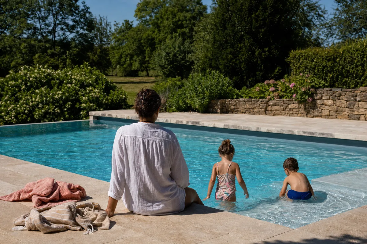 Adulte surveillant deux enfants qui jouent au bord d’une piscine familiale en été