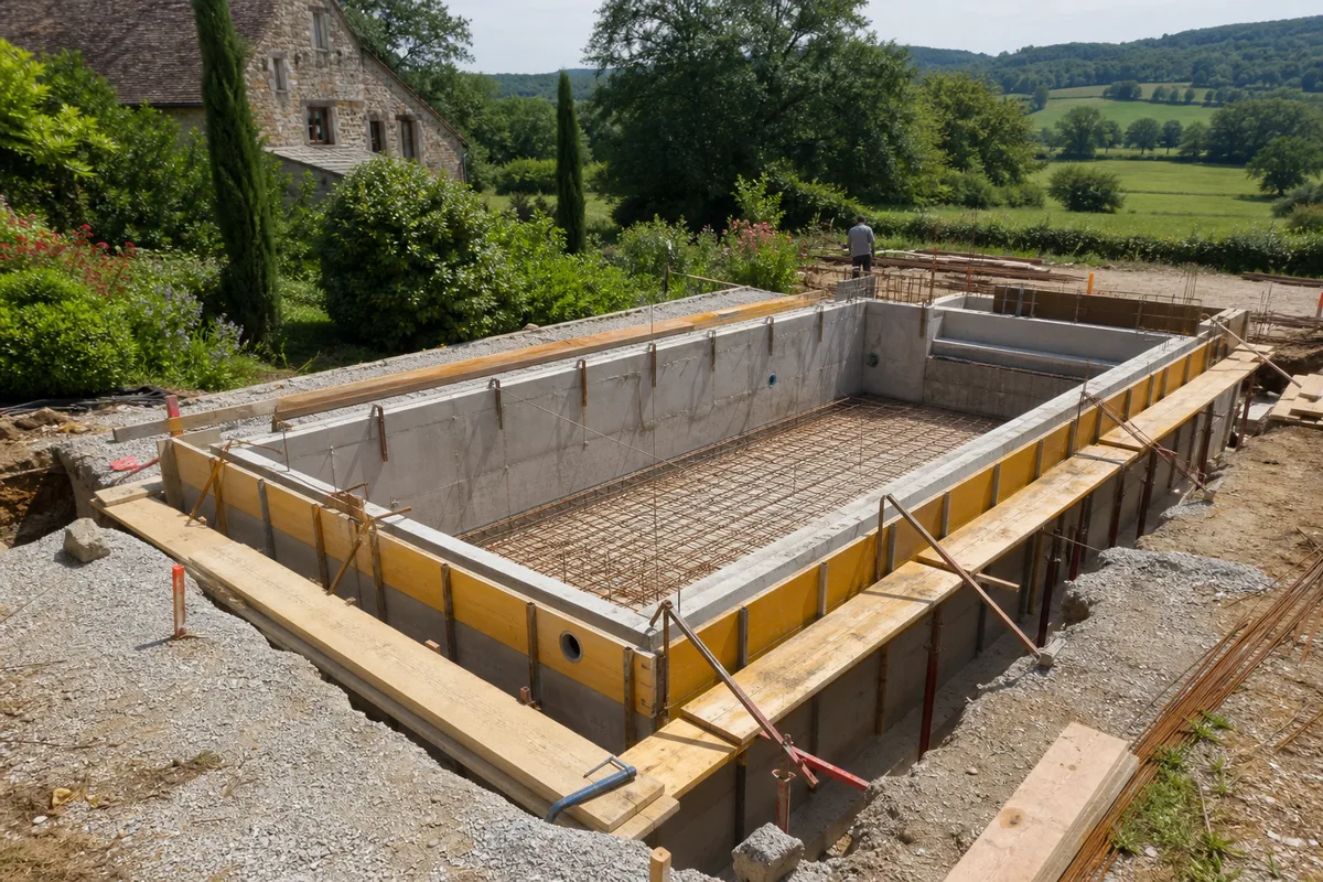 Chantier de piscine en béton avec coffrage et armatures dans un jardin bourguignon