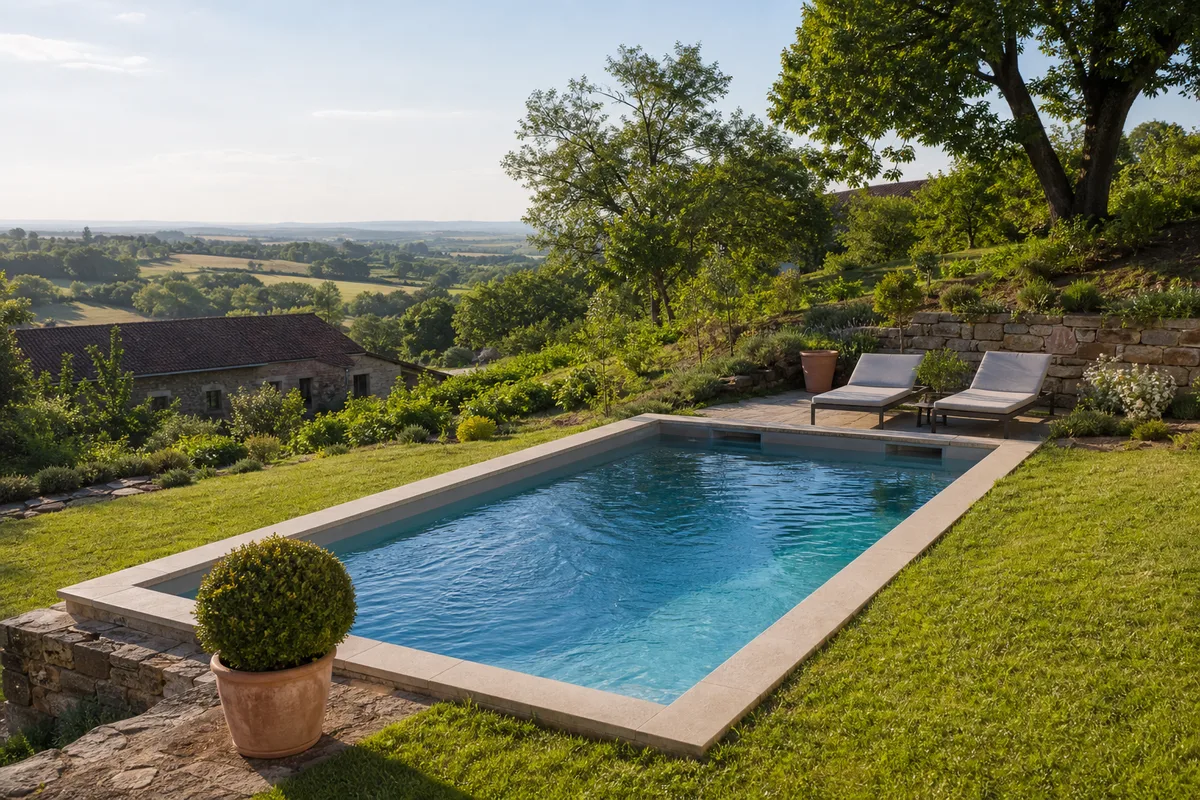 Petit bassin rectangulaire chauffé dans un jardin en pente de l&rsquo;Autunois