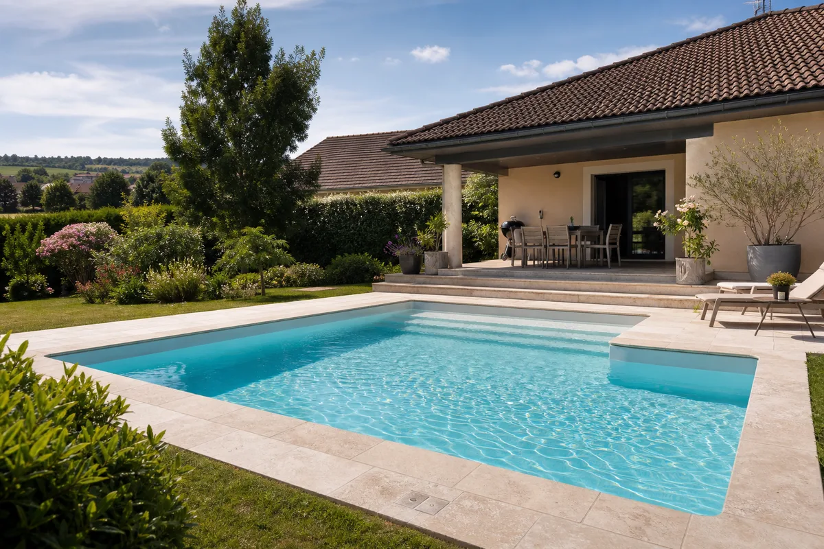 Piscine enterrée au liner clair dans un jardin pavillonnaire de la région chalonnaise