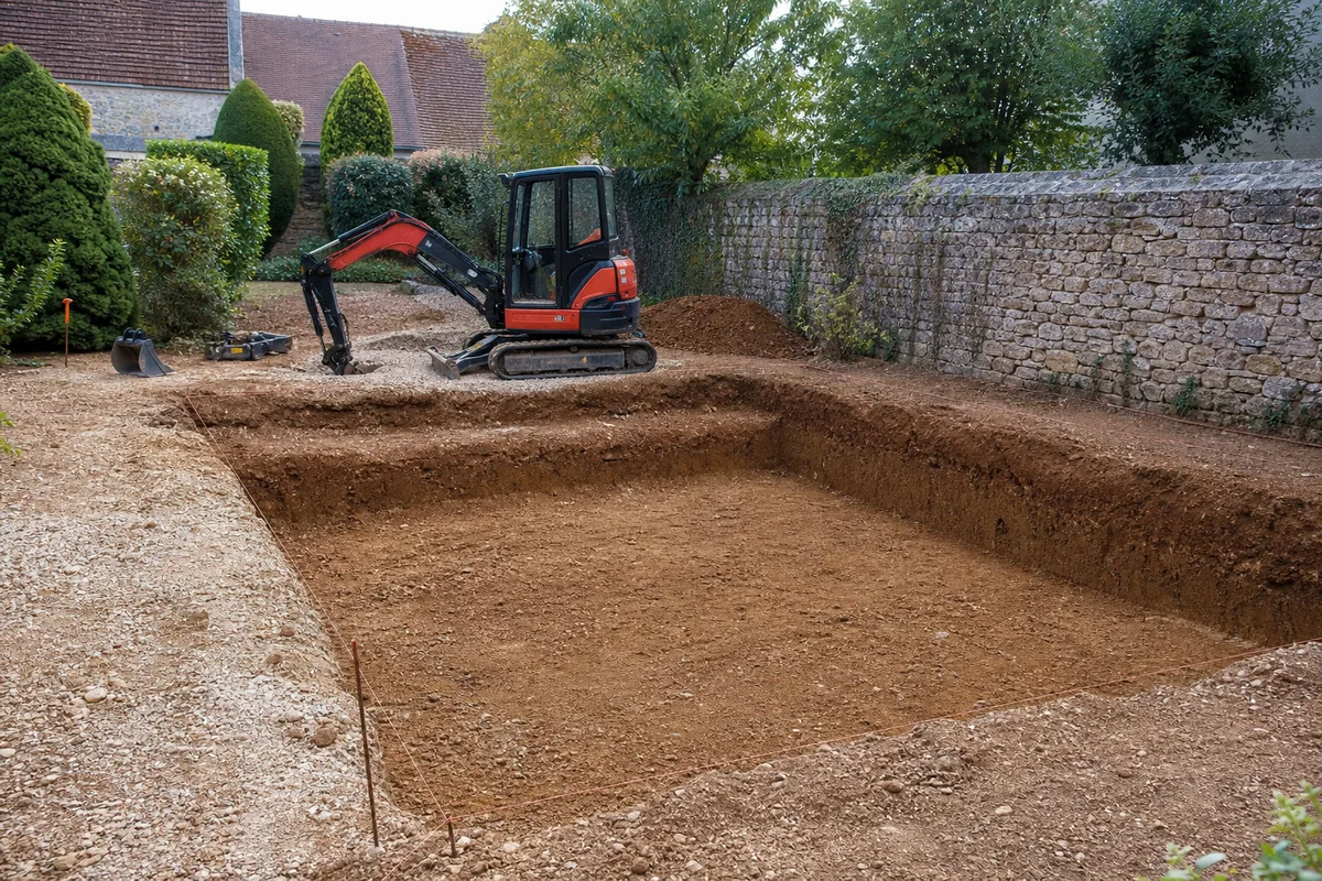 Terrassement d’une piscine dans un jardin clos de murs en pierre près de Cluny
