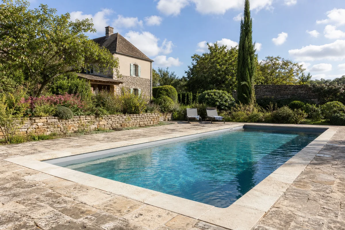 Bassin aux margelles en pierre calcaire dans le jardin d’un gîte du Clunisois