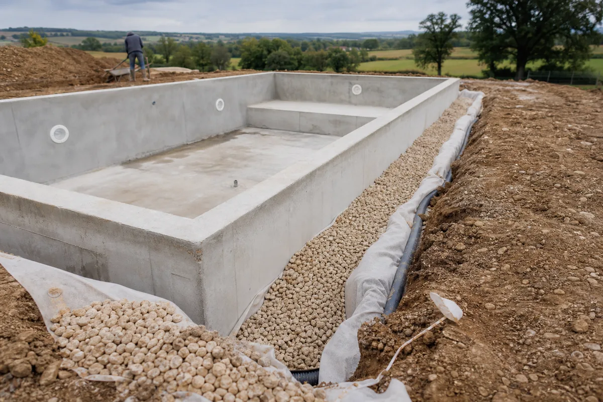 Pose d’un drainage périphérique en gravier autour d’un bassin en construction près de Digoin