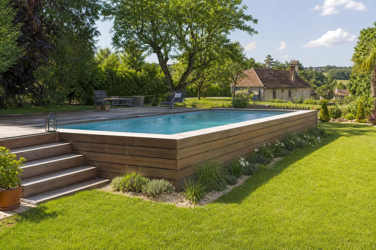 Piscine semi-enterrée habillée de bois dans un jardin du val de Loire bourguignon