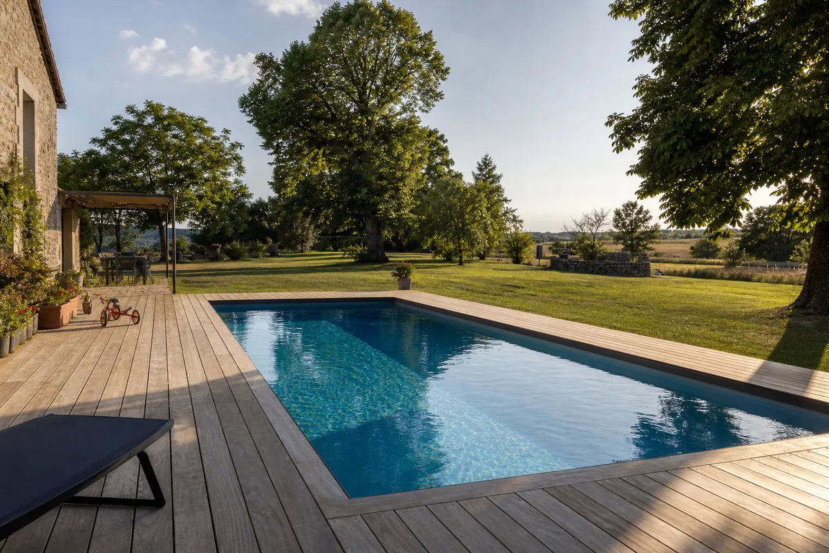 Piscine familiale rectangulaire avec plage en bois dans un grand jardin du Charolais