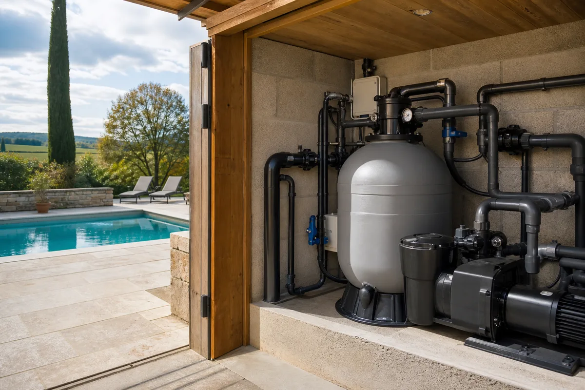 Local technique de piscine rénové avec pompe à vitesse variable et filtre neuf